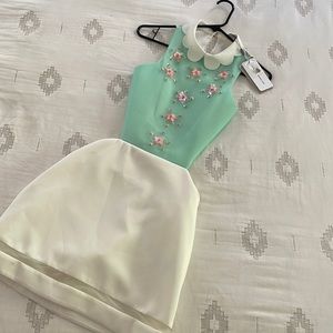 Three Floor Dress- sea foam green and white backless Size 4